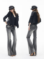 iamxiaa Washed Grey Slub Denim Low Rise Leg Lengthening Women's Cotton Flare Jeans