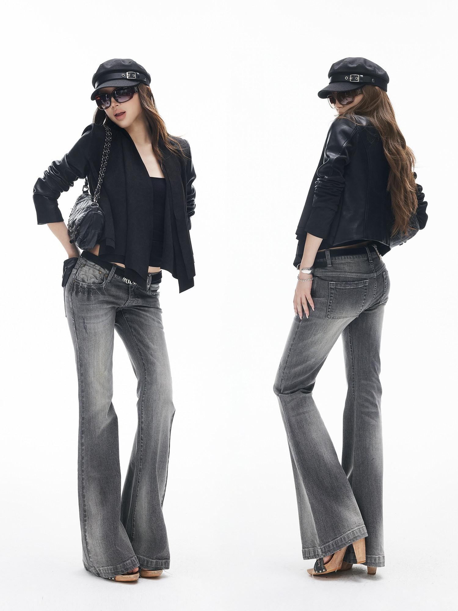 iamxiaa Washed Grey Slub Denim Low Rise Leg Lengthening Women's Cotton Flare Jeans