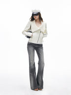 iamxiaa Washed Grey Slub Denim Low Rise Leg Lengthening Women's Cotton Flare Jeans