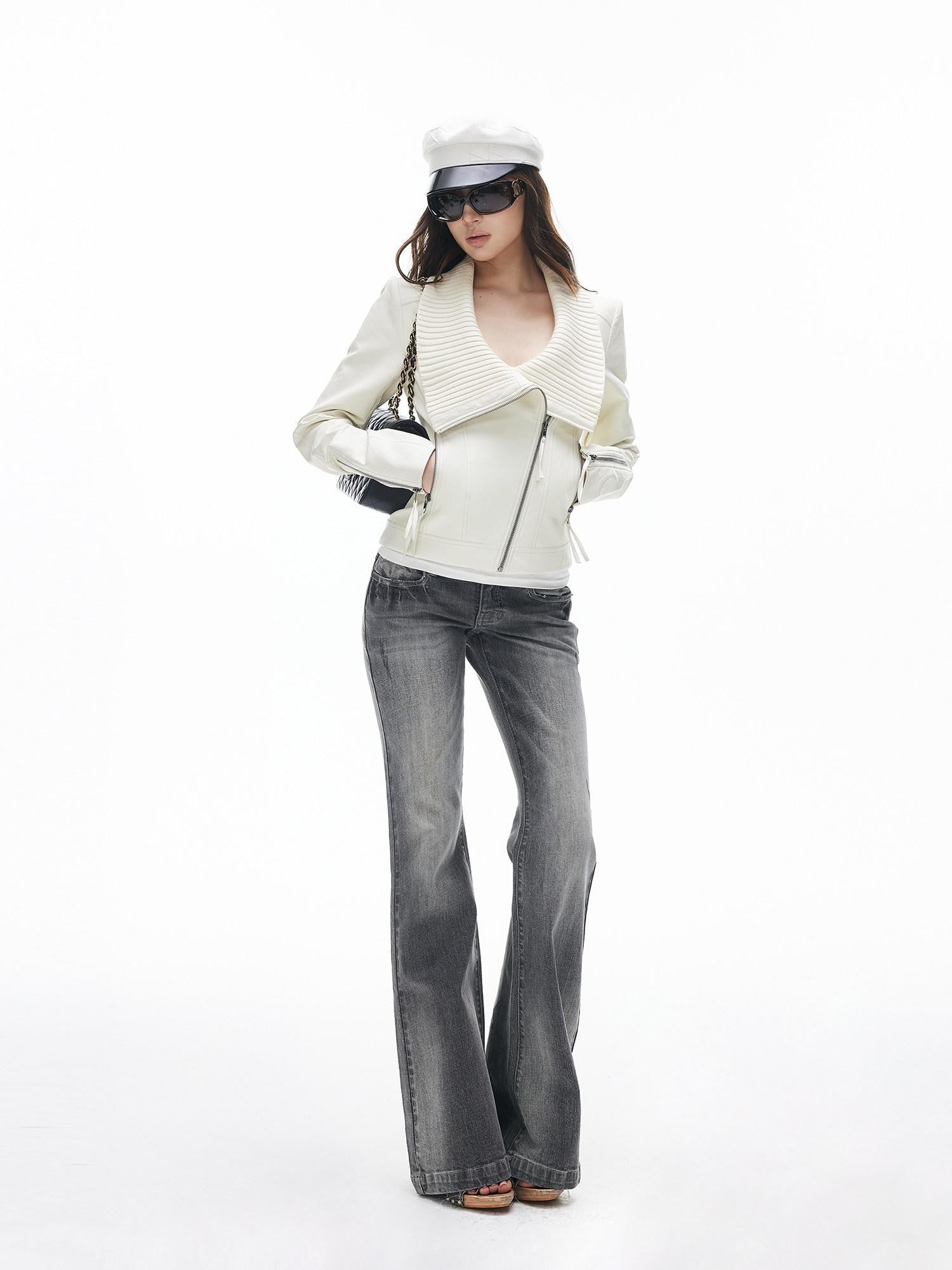 iamxiaa Washed Grey Slub Denim Low Rise Leg Lengthening Women's Cotton Flare Jeans