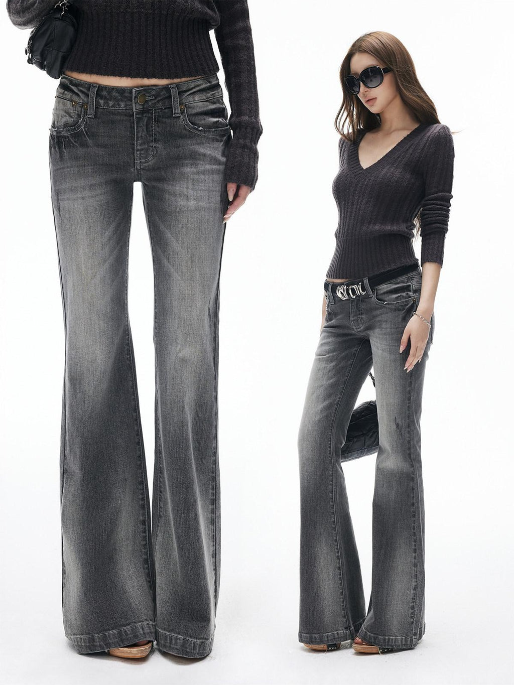 iamxiaa Washed Grey Slub Denim Low Rise Leg Lengthening Women's Cotton Flare Jeans
