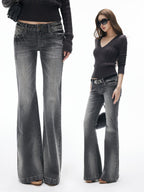 iamxiaa Washed Grey Slub Denim Low Rise Leg Lengthening Women's Cotton Flare Jeans