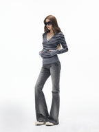 iamxiaa Washed Grey Slub Denim Low Rise Leg Lengthening Women's Cotton Flare Jeans
