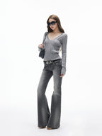 iamxiaa Washed Grey Slub Denim Low Rise Leg Lengthening Women's Cotton Flare Jeans