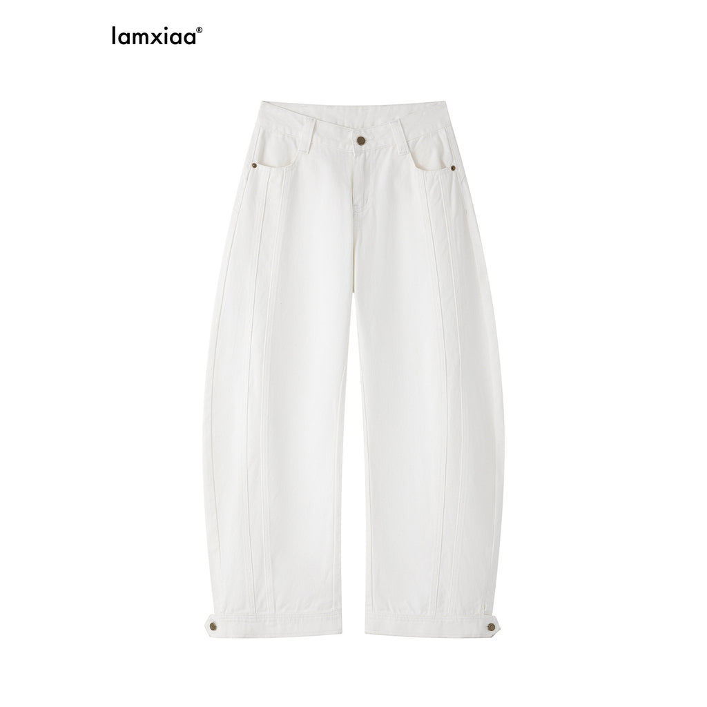 iamxiaa White Denim Double Stitch Split Hem Women's Cotton Twill Wide-leg Jeans 977364642070