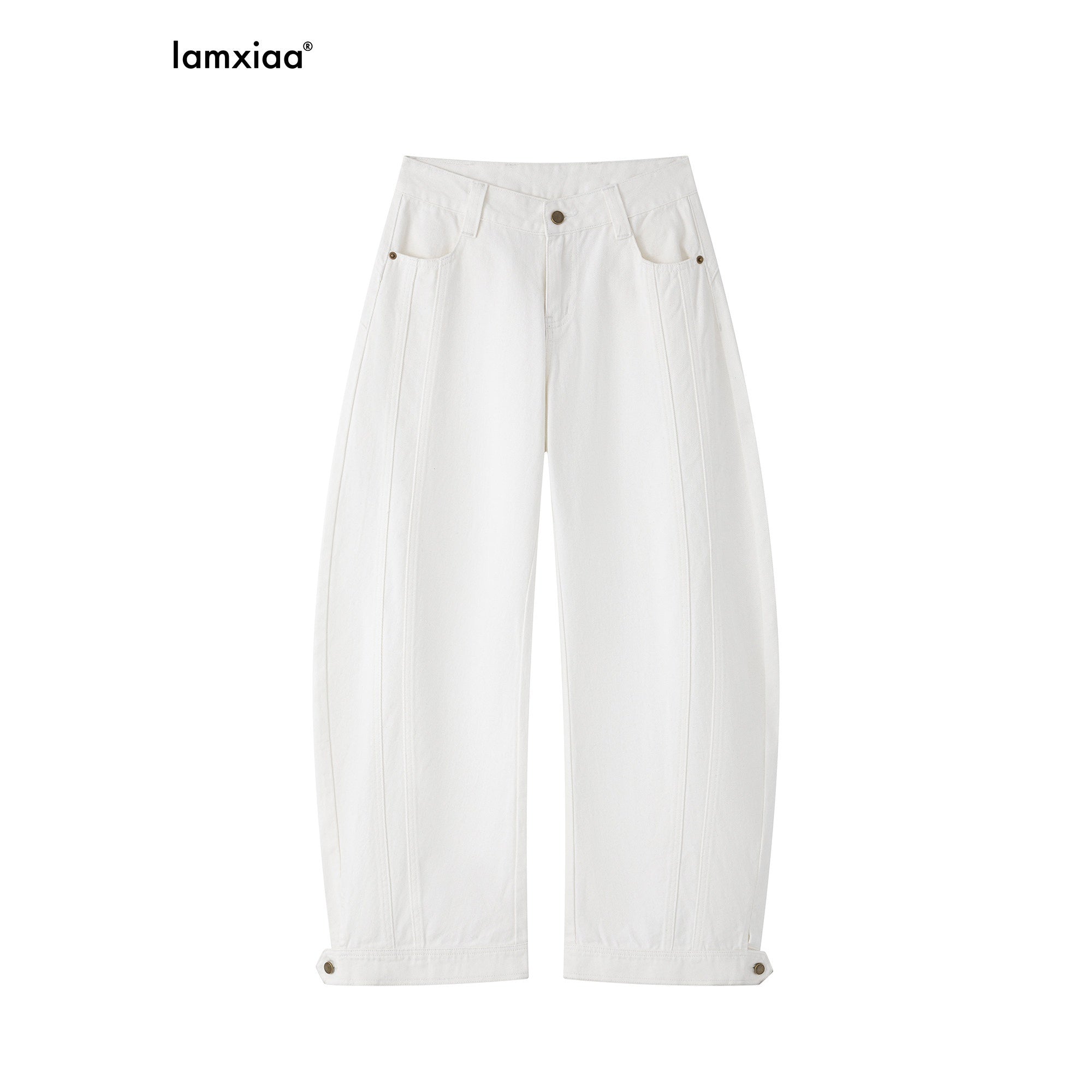 iamxiaa White Denim Double Stitch Split Hem Women's Cotton Twill Wide-leg Jeans 977364642070