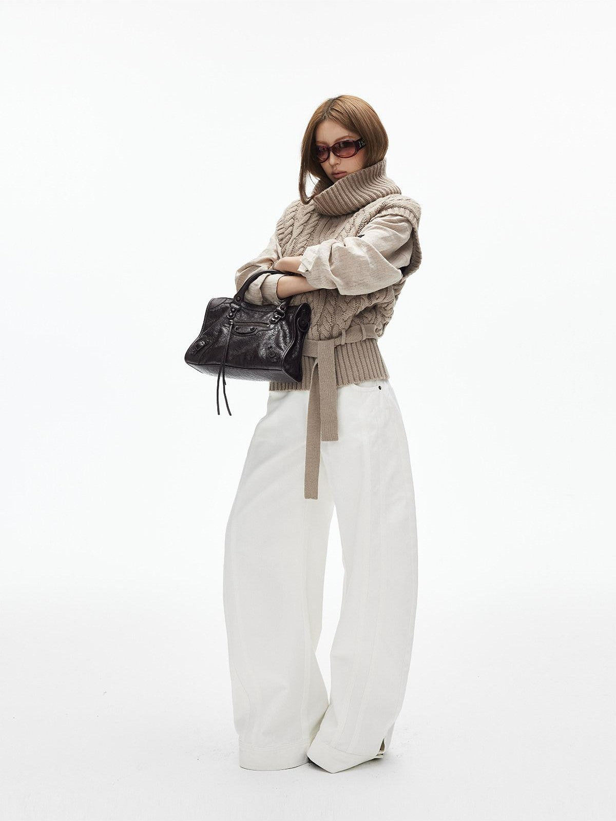 iamxiaa White Denim Double Stitch Split Hem Women's Cotton Twill Wide-leg Jeans