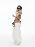 iamxiaa White Denim Double Stitch Split Hem Women's Cotton Twill Wide-leg Jeans