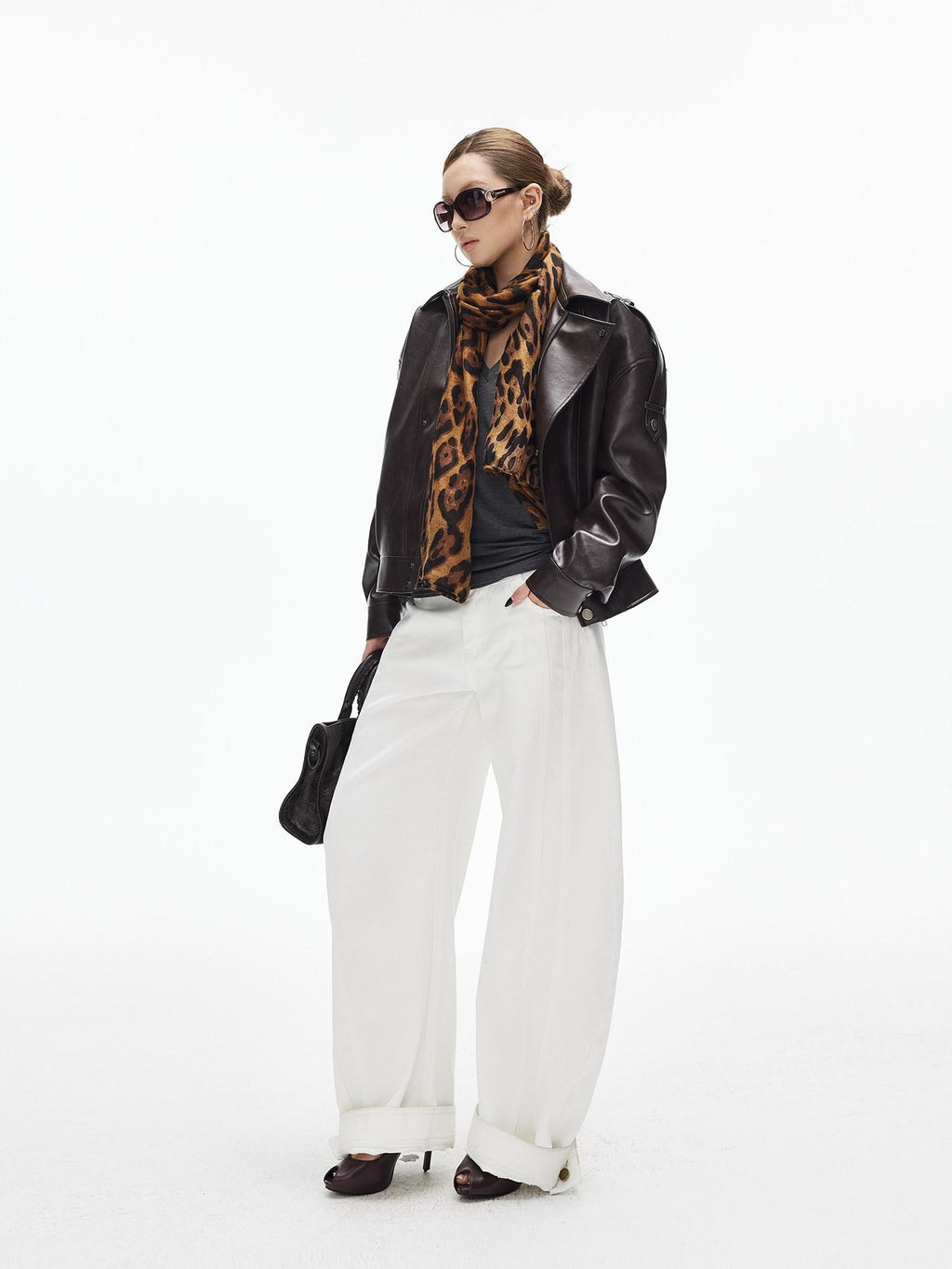 iamxiaa White Denim Double Stitch Split Hem Women's Cotton Twill Wide-leg Jeans
