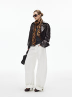 iamxiaa White Denim Double Stitch Split Hem Women's Cotton Twill Wide-leg Jeans