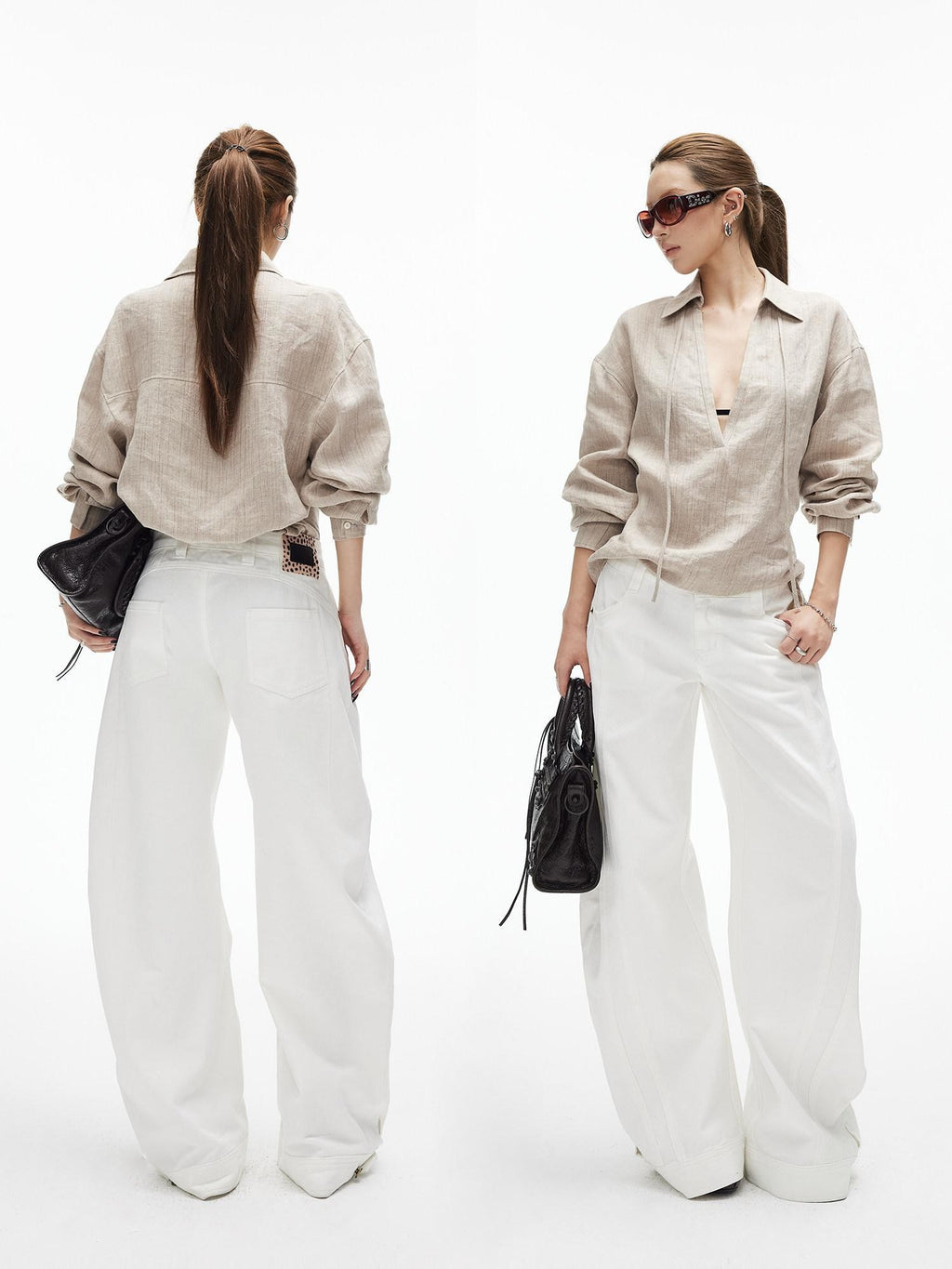 iamxiaa White Denim Double Stitch Split Hem Women's Cotton Twill Wide-leg Jeans