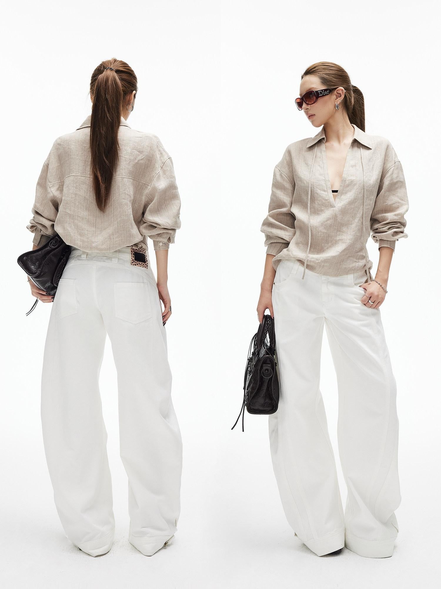 iamxiaa White Denim Double Stitch Split Hem Women's Cotton Twill Wide-leg Jeans