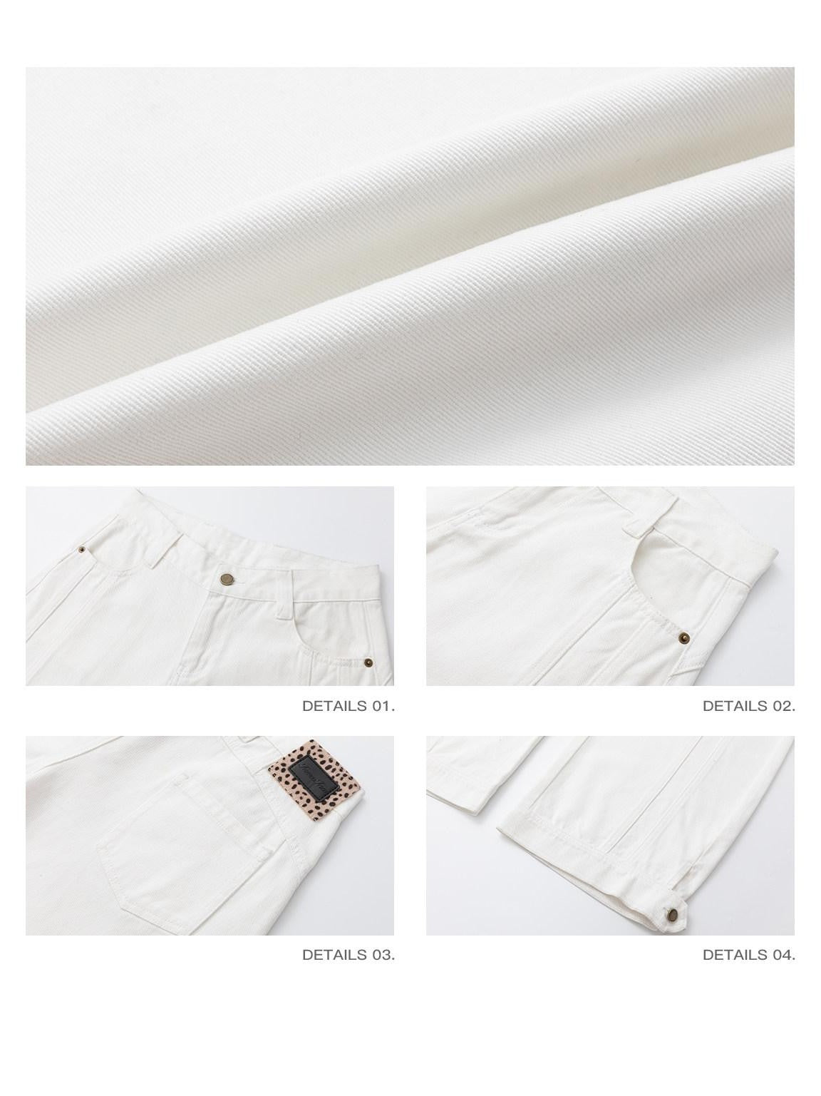 iamxiaa White Denim Double Stitch Split Hem Women's Cotton Twill Wide-leg Jeans