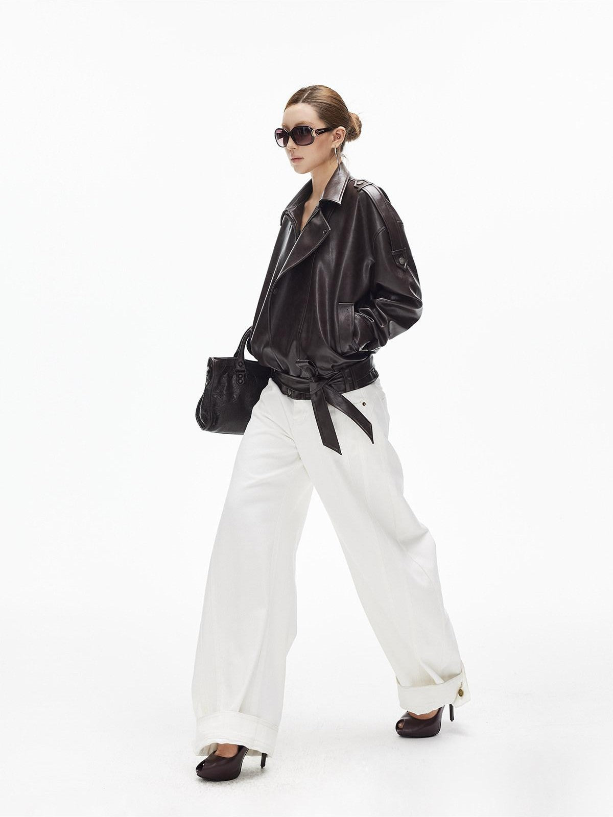 iamxiaa White Denim Double Stitch Split Hem Women's Cotton Twill Wide-leg Jeans