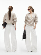 iamxiaa White Denim Double Stitch Split Hem Women's Cotton Twill Wide-leg Jeans