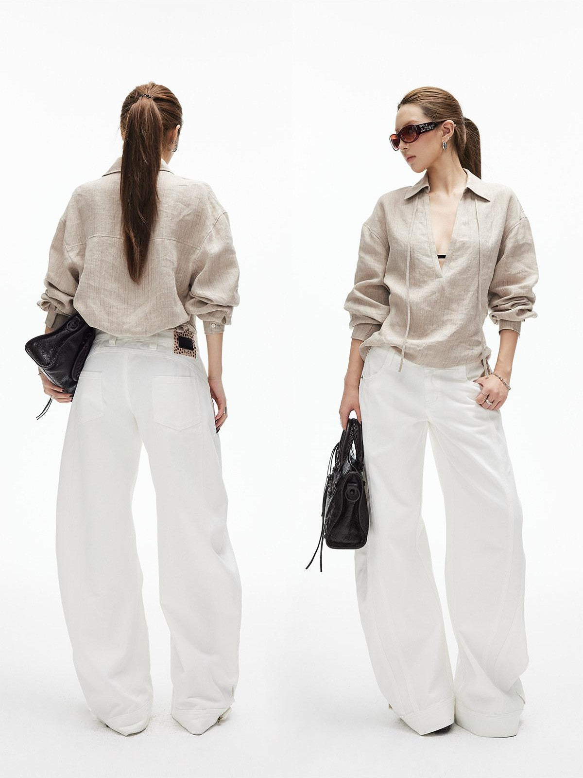 iamxiaa White Denim Double Stitch Split Hem Women's Cotton Twill Wide-leg Jeans