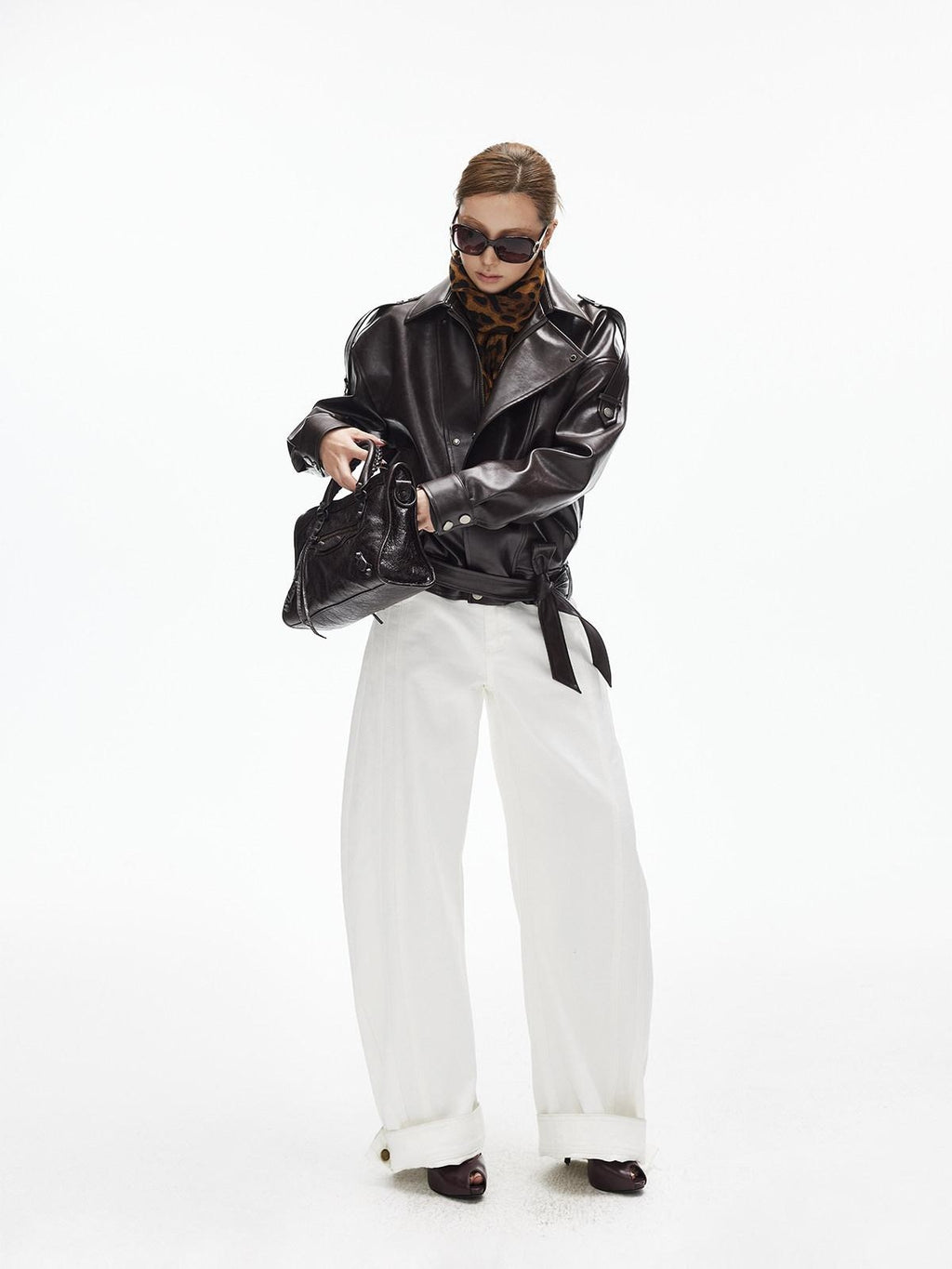 iamxiaa White Denim Double Stitch Split Hem Women's Cotton Twill Wide-leg Jeans