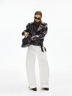 iamxiaa White Denim Double Stitch Split Hem Women's Cotton Twill Wide-leg Jeans