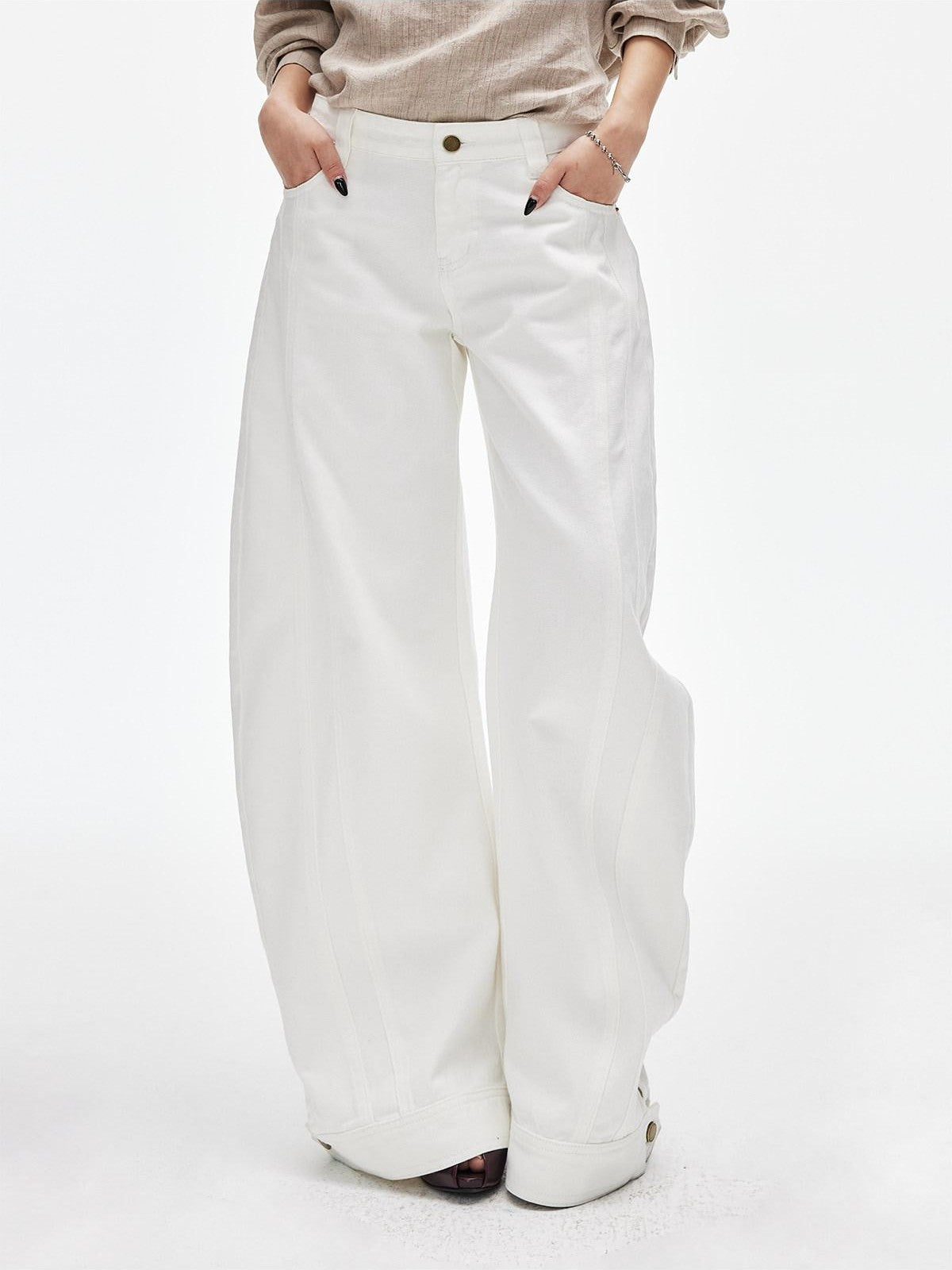 iamxiaa White Denim Double Stitch Split Hem Women's Cotton Twill Wide-leg Jeans