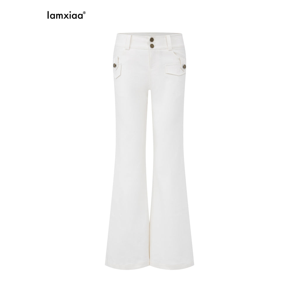 iamxiaa White Twill Double Button Cargo Flap Vintage Women's Tencel Cotton Flare Pants 982017366306