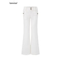 iamxiaa White Twill Double Button Cargo Flap Vintage Women's Tencel Cotton Flare Pants 982017366306