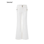 iamxiaa White Twill Double Button Cargo Flap Vintage Women's Tencel Cotton Flare Pants 982017366306