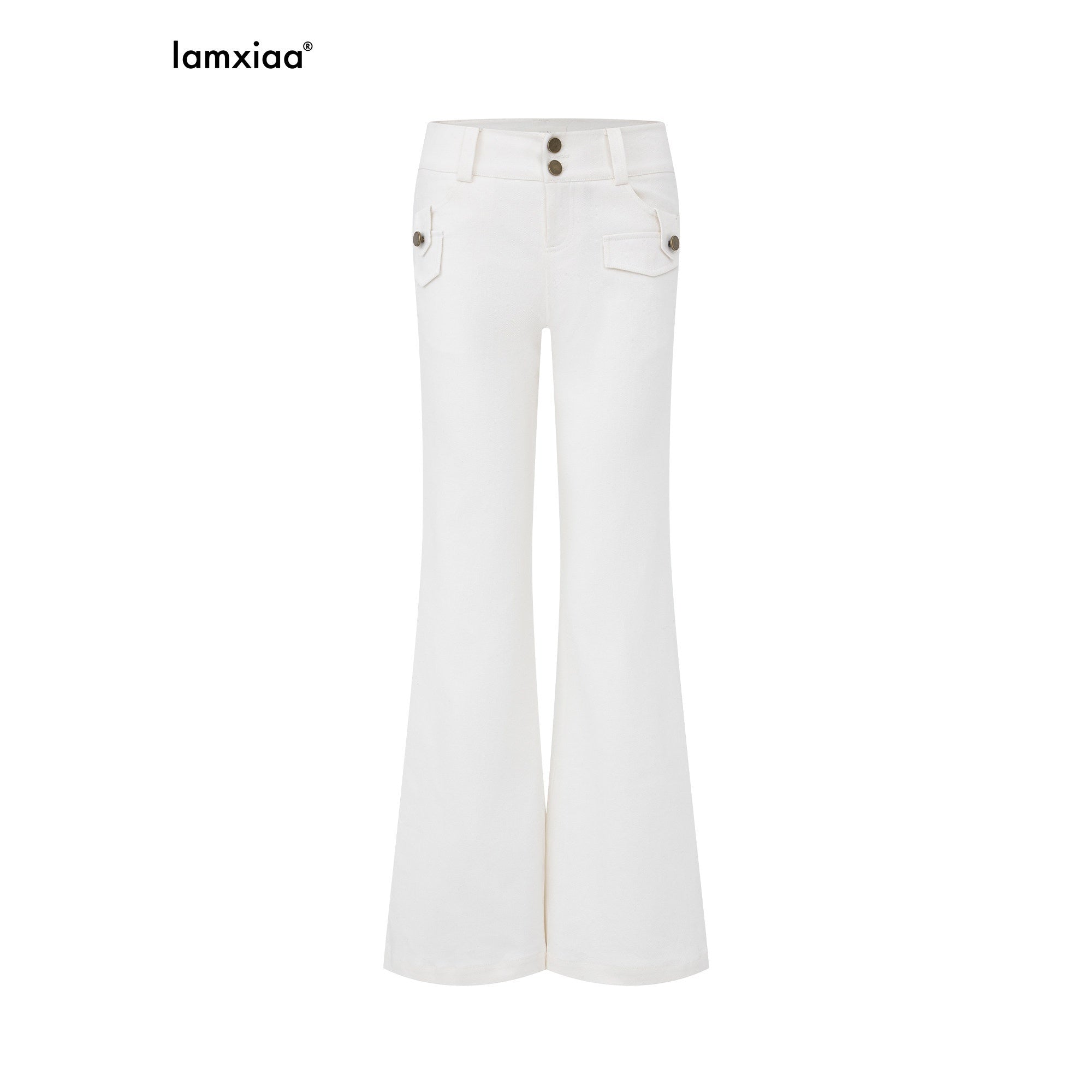 iamxiaa White Twill Double Button Cargo Flap Vintage Women's Tencel Cotton Flare Pants 982017366306
