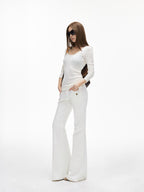 iamxiaa White Twill Double Button Cargo Flap Vintage Women's Tencel Cotton Flare Pants