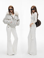 iamxiaa White Twill Double Button Cargo Flap Vintage Women's Tencel Cotton Flare Pants