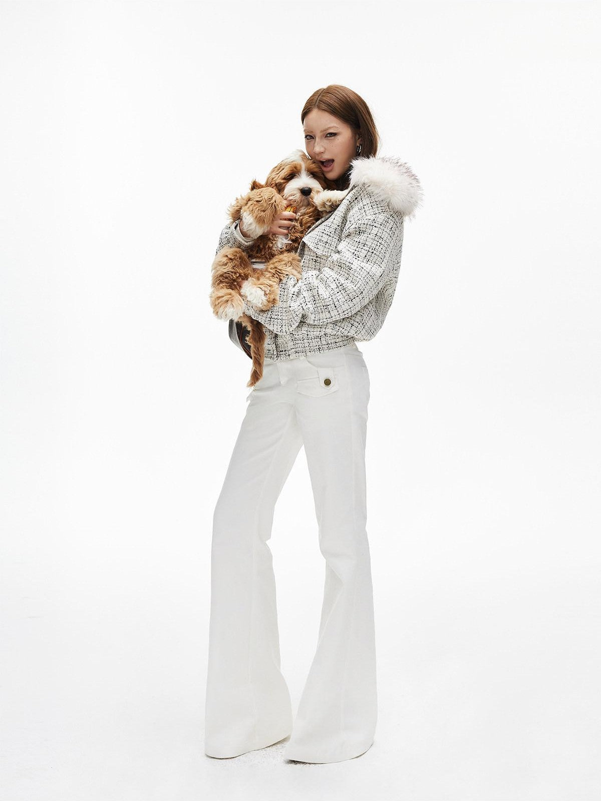 iamxiaa White Twill Double Button Cargo Flap Vintage Women's Tencel Cotton Flare Pants