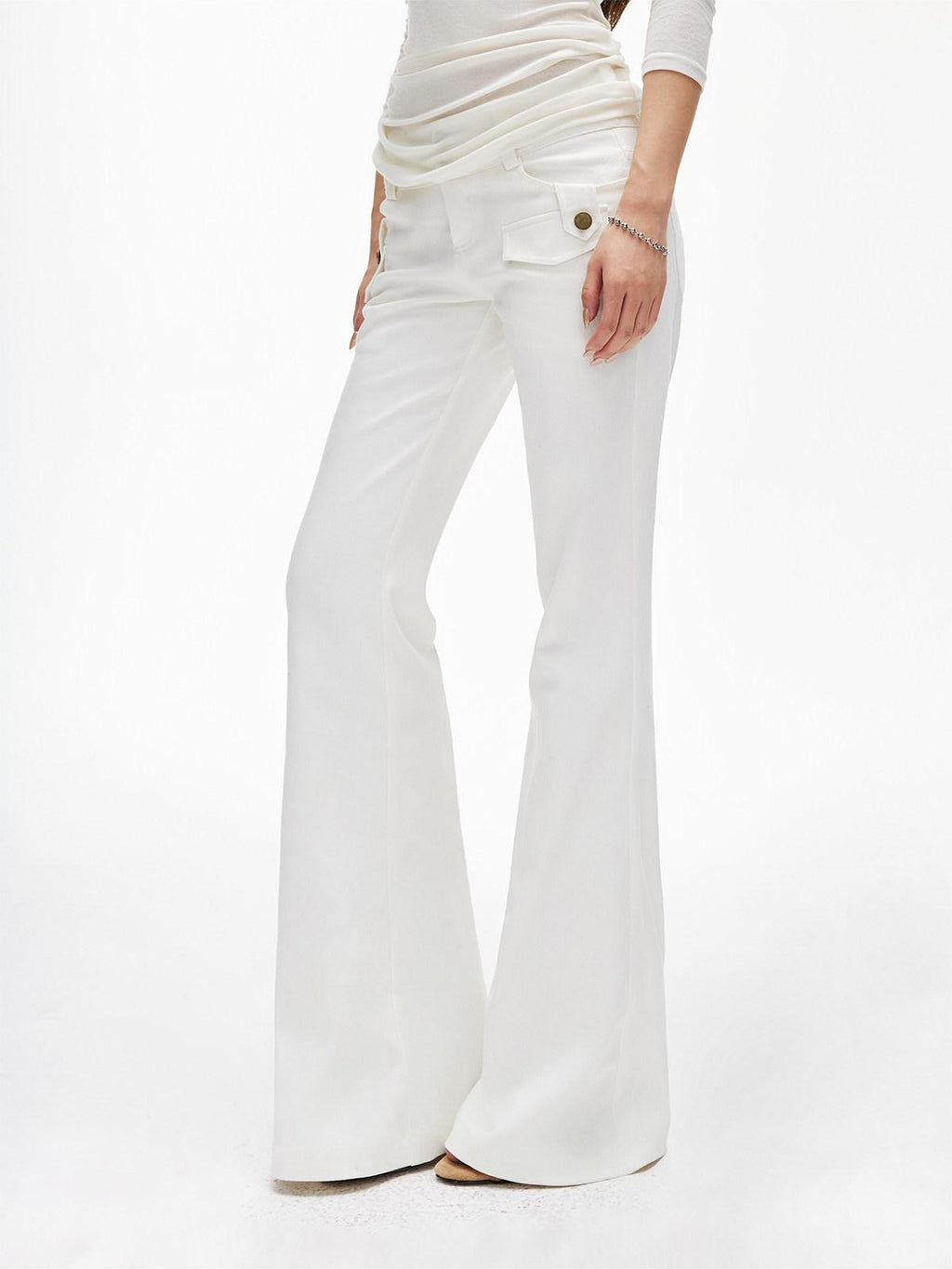 iamxiaa White Twill Double Button Cargo Flap Vintage Women's Tencel Cotton Flare Pants