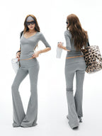 iamxiaa Wide Folded Hem Cross V Knit Women's Cotton Feel Flare Pants