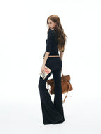 iamxiaa Wide Folded Hem Cross V Knit Women's Cotton Feel Flare Pants