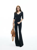 iamxiaa Wide Folded Hem Cross V Knit Women's Cotton Feel Flare Pants