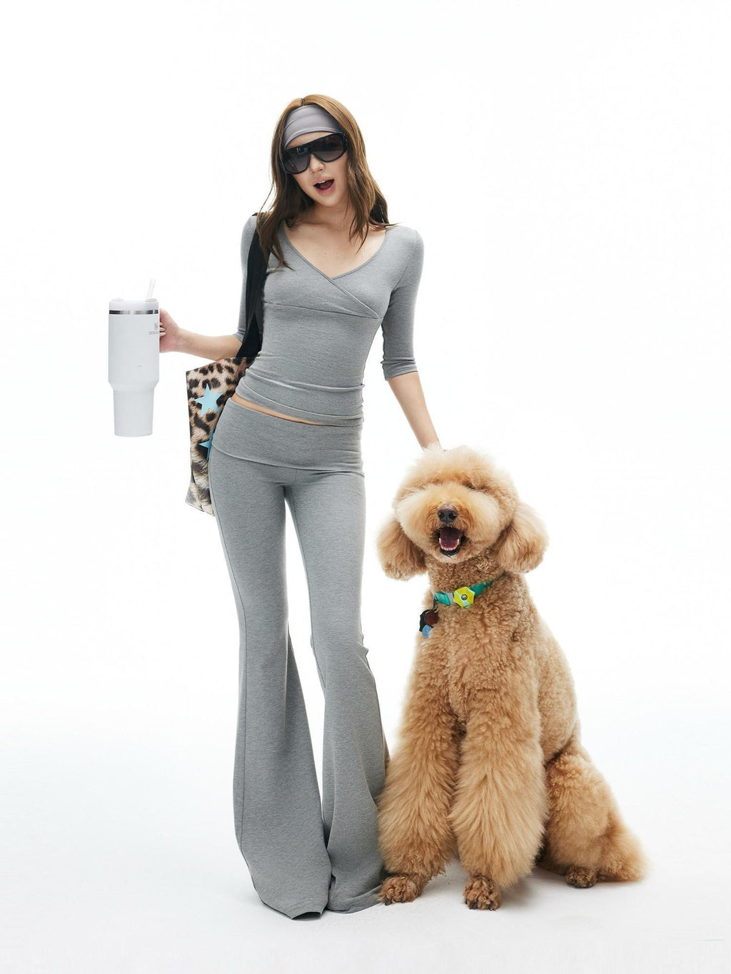 iamxiaa Wide Folded Hem Cross V Knit Women's Cotton Feel Flare Pants