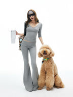 iamxiaa Wide Folded Hem Cross V Knit Women's Cotton Feel Flare Pants