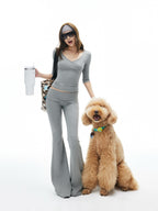 iamxiaa Wide Folded Hem Cross V Knit Women's Cotton Feel Flare Pants