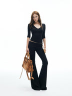 iamxiaa Wide Folded Hem Cross V Knit Women's Cotton Feel Flare Pants