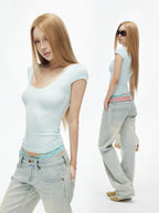 iamxiaa Wing Print Sweetheart Neck Fitted Women's Modal Short Sleeve T-shirts