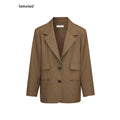 iamxiaa Yellow Brown Houndstooth Wide Shoulder Notch Lapel Women's Tweed Casual Jackets 966370606691