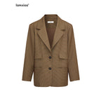 iamxiaa Yellow Brown Houndstooth Wide Shoulder Notch Lapel Women's Tweed Casual Jackets 966370606691
