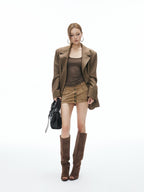 iamxiaa Yellow Brown Houndstooth Wide Shoulder Notch Lapel Women's Tweed Casual Jackets