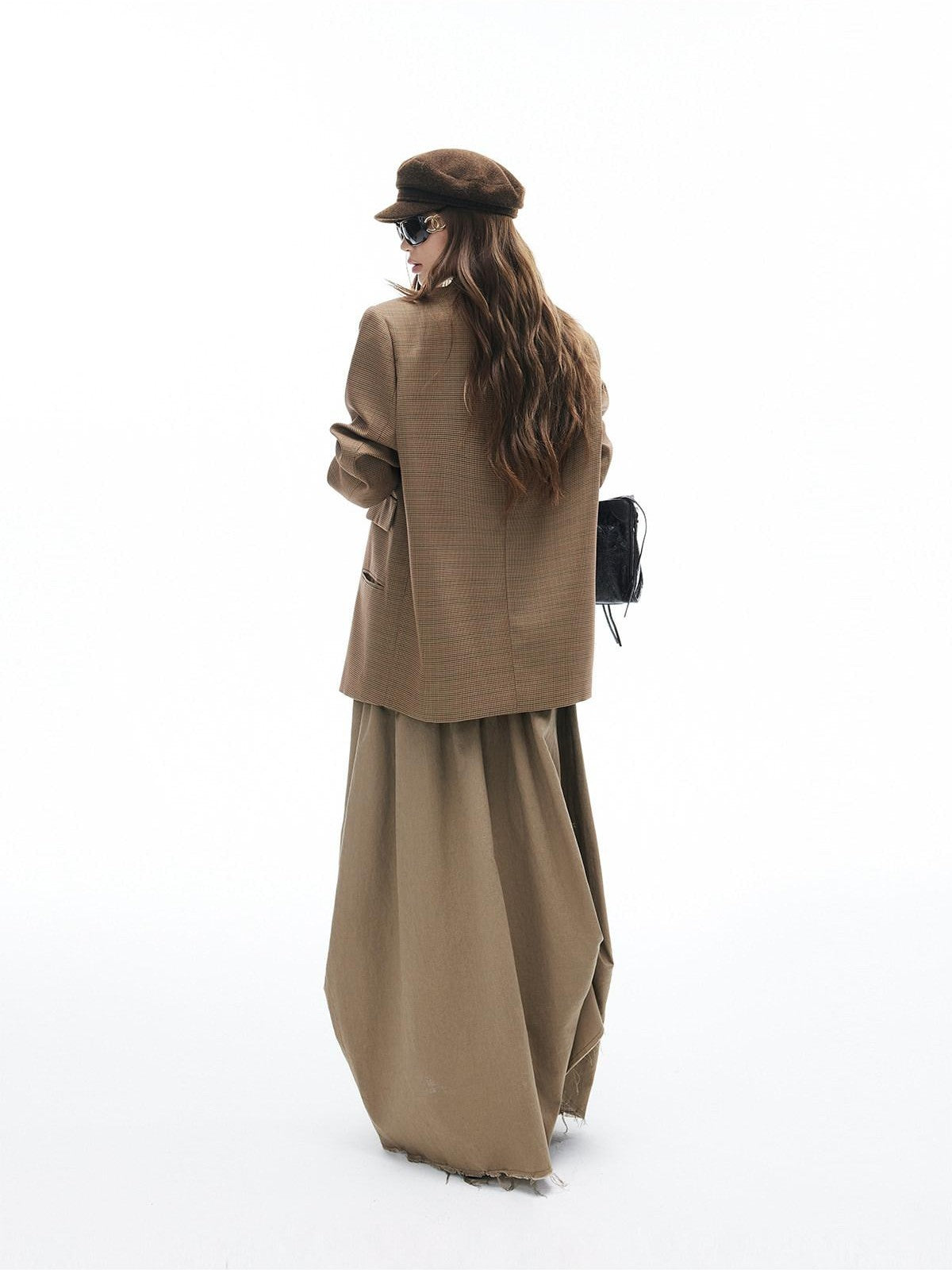 iamxiaa Yellow Brown Houndstooth Wide Shoulder Notch Lapel Women's Tweed Casual Jackets