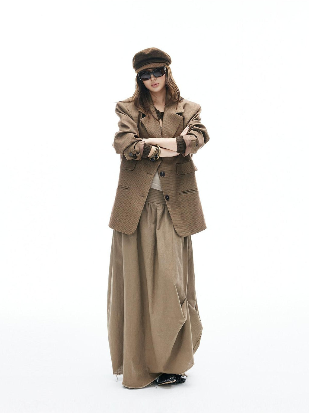 iamxiaa Yellow Brown Houndstooth Wide Shoulder Notch Lapel Women's Tweed Casual Jackets
