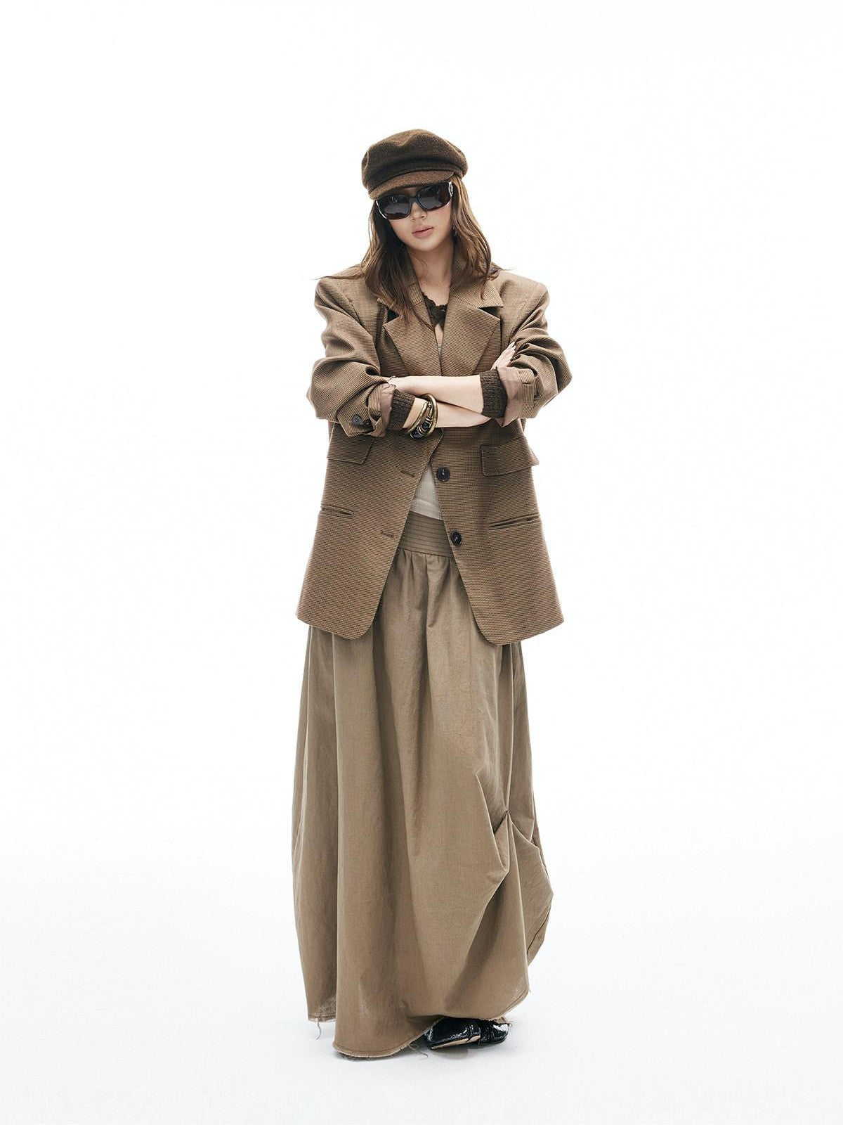 iamxiaa Yellow Brown Houndstooth Wide Shoulder Notch Lapel Women's Tweed Casual Jackets