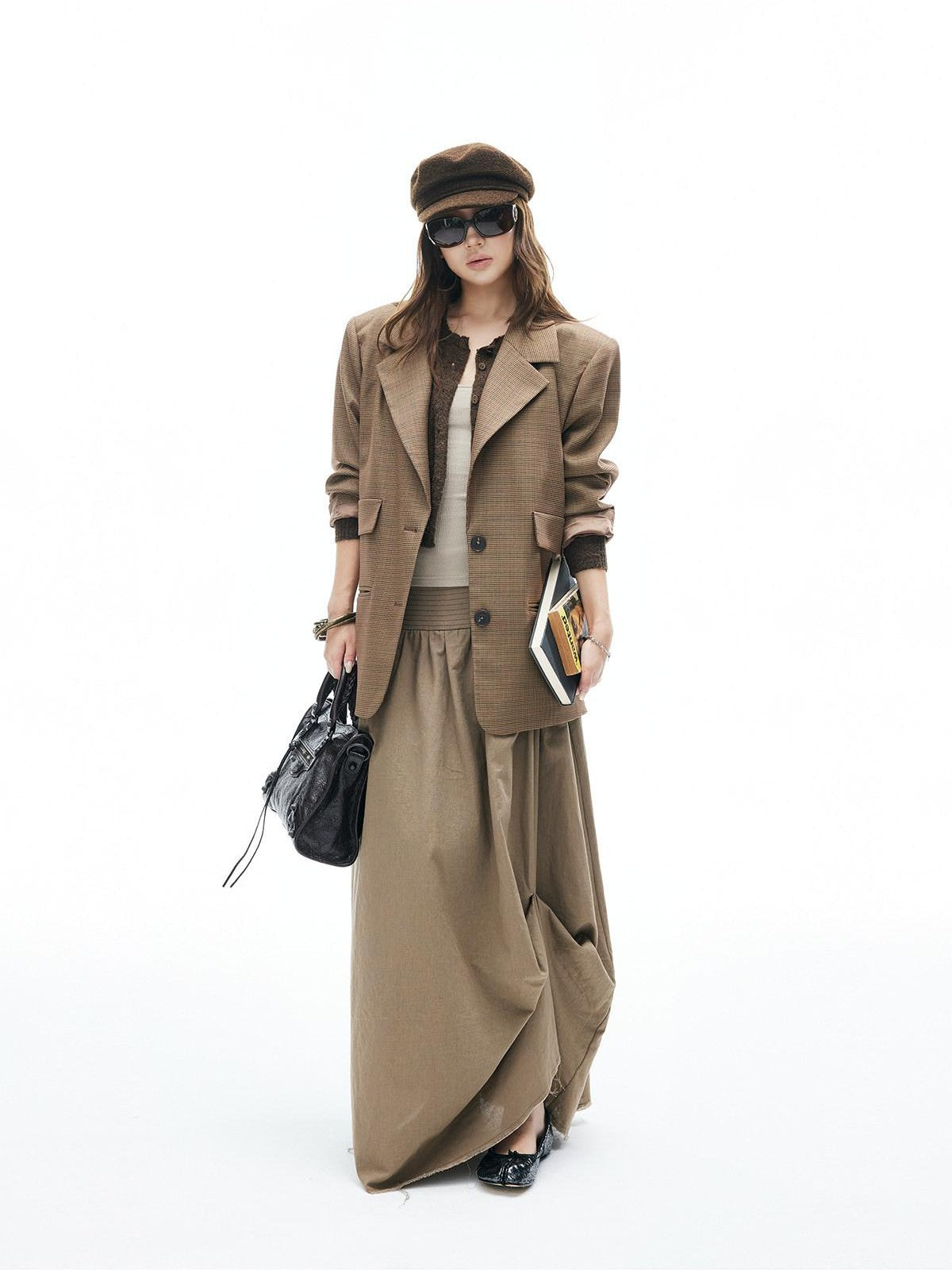 iamxiaa Yellow Brown Houndstooth Wide Shoulder Notch Lapel Women's Tweed Casual Jackets