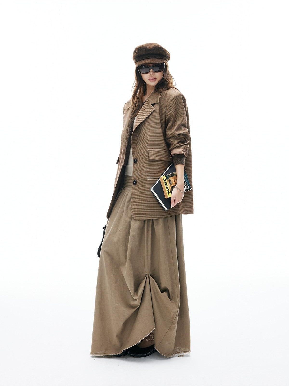 iamxiaa Yellow Brown Houndstooth Wide Shoulder Notch Lapel Women's Tweed Casual Jackets