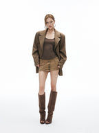 iamxiaa Yellow Brown Houndstooth Wide Shoulder Notch Lapel Women's Tweed Casual Jackets