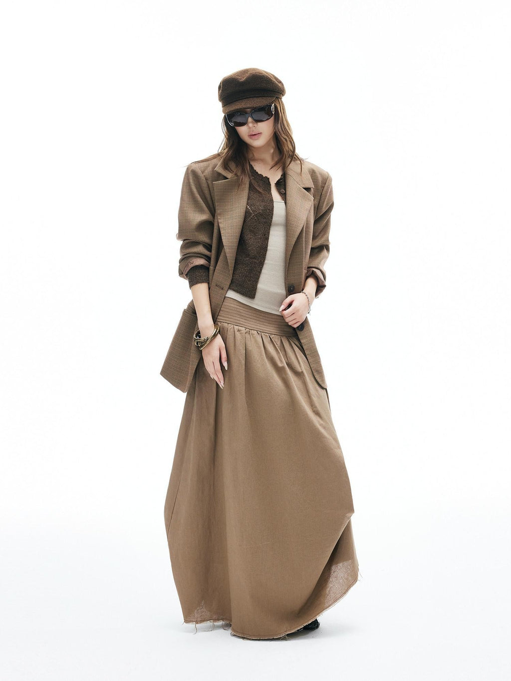 iamxiaa Yellow Brown Houndstooth Wide Shoulder Notch Lapel Women's Tweed Casual Jackets