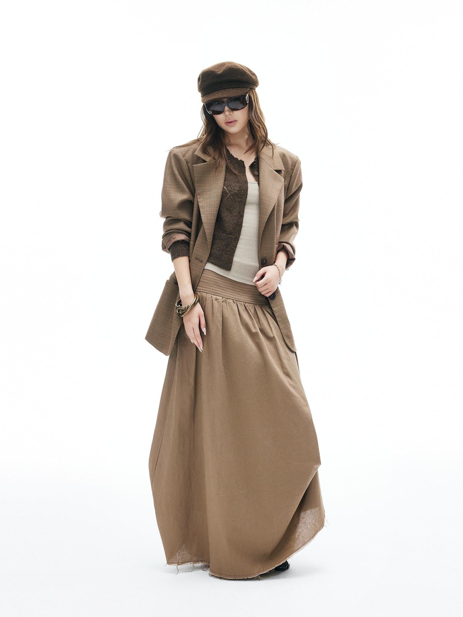 iamxiaa Yellow Brown Houndstooth Wide Shoulder Notch Lapel Women's Tweed Casual Jackets